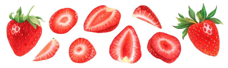 Watercolor set of illustration with strawberries. Whole and chopped strawberries. 