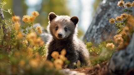 Cute baby bear in the forest. 