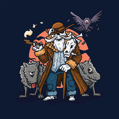 Vector illustration skeleton hunter with zombie dog and zombie crow in hand drawn cartoon style