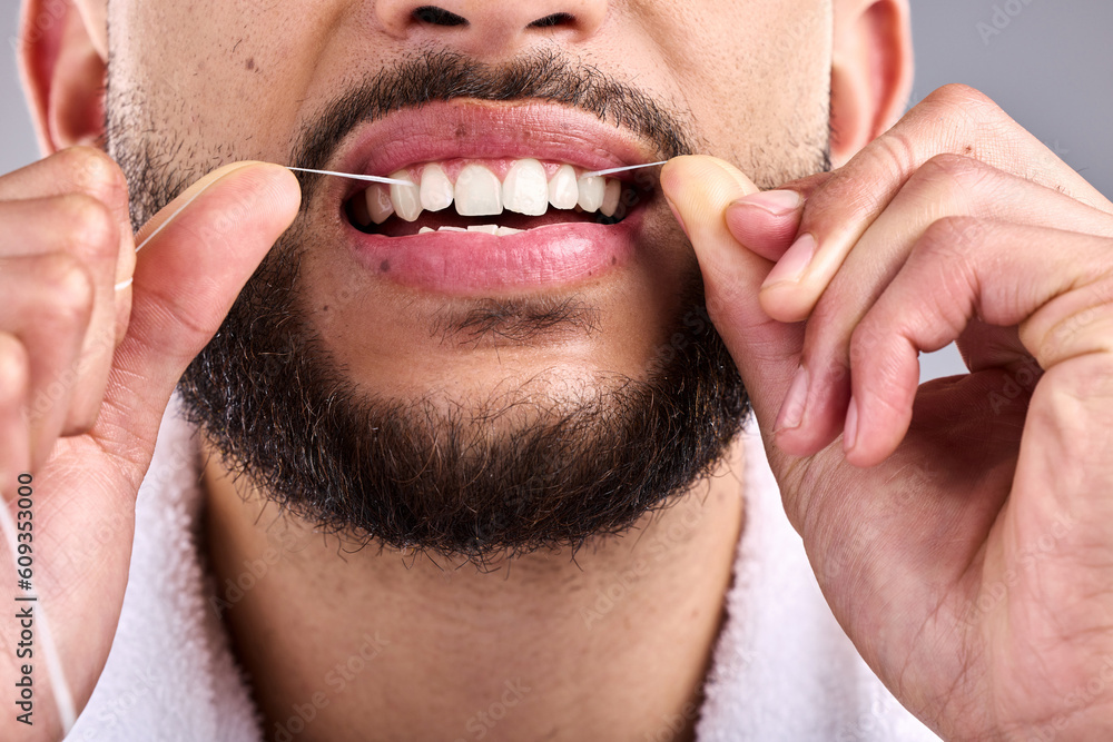 Sticker Mouth, man and flossing teeth for dental health in studio isolated on a white background. Closeup, floss and male model cleaning tooth for oral wellness, hygiene and healthy product for fresh breath.