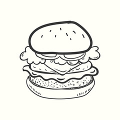 A big hand-drawn burger illustration with meat, salad and cheese