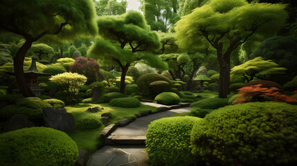 夏の日本庭園の幻想的な美しさ No.012 | The Melody of a Deep Green Garden Generative AI