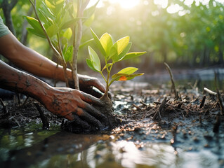 Close up photo Male hands planting mangroves reflecting the consciousness of preserving the mangrove ecosystem Generative AI