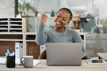 Black woman, laptop and celebration with fist for winning, success or promotion bonus at office....