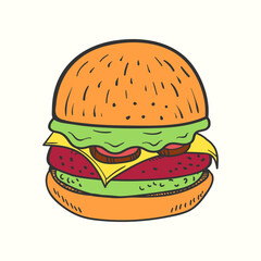 Hand-drawn burger illustration with tomato and lettuce. Burger vector illustration