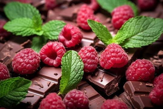 chocolate and raspberries, close up, generated AI tollos