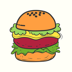A big hand-drawn burger illustration with meat, salad and cheese