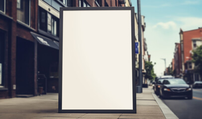 White paper poster mockup displayed outside the building restaurant. Marketing restaurant menu and business concept.