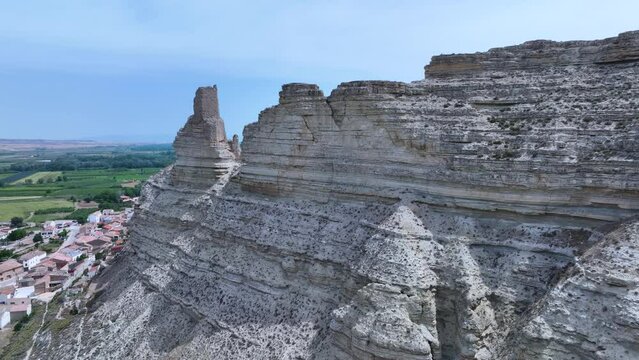 Aerial view from a drone of the landscape of erosions in the surroundings of the castle in Rueda de Jal&oacute;n. Valdejal&oacute;n region. Saragossa. Aragon. Spain. Europe