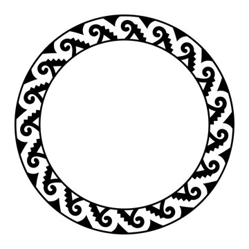 Aztec spiral step fret pattern, circle frame. Decorative border made of a fish hook shaped spiral, also called ankistron, connected to steps, seamless repeated. Stepped fret and serpent meander motif.