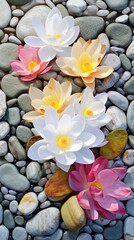 Radiant Serenity: Overhead View of Transparent Colorful Pebbles and Blooming Snow Lotus Flowers under a Warm Sun