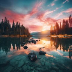 A breathtaking landscape photo capturing the vibrant colors of a peaceful sunrise over a serene lake, ideal for travel magazines and nature enthusiasts.