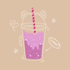 Blueberry bubble milk tea or milk cocktail. A glass of drink with a tubule. Milk tea in a plastic glass with a straw. Cool summer drink with latter and doodle elements. Trendy vector illustration