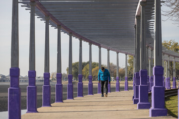 Young Latino man prepares to run by a pergola in a park.