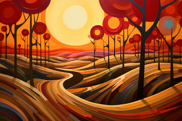 Expressionist landscape at sunset, Generative AI