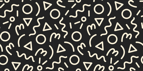Fun colorful line doodle seamless pattern. Creative minimalist style art background for children or trendy design with basic shapes. Simple party confetti texture, childish scribble shape backdrop.