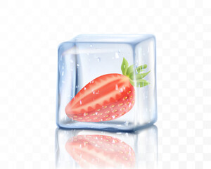 Fresh ripe strawberry in ice cube isolated on transparent background. Frozen red strawberry half with a green leaf , realistic 3d vector illustration