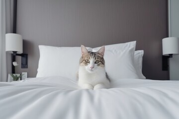 cat in a hotel room in light colors. lies on the bed. relax. AI generated