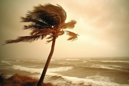 Palm tree battles against the force of the hurricane winds. Generative AI.