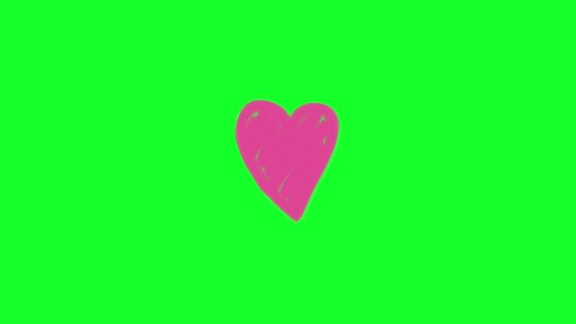 Animated purple symbol of the heart. Hand-drawn scribble icon. Vector illustration isolated on a green screen background.