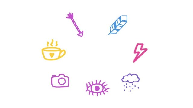 Set of hand-drawn animated elements (arrows, lines, shapes, icons) bouncing and wiggling, for video making or motion design. Doodle style, alpha channel.