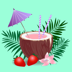 Strawberry cocktail in coconut with straw, umbrella and palm branch