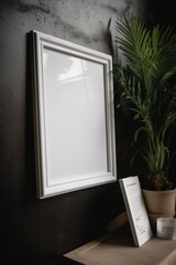 Sleek Blank Photo Frame on Black Wall with Lush Plant Inside for Modern and Chic Design