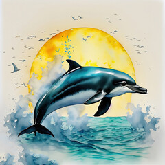 Watercolor Sunset and nature with Dolphin enclosed vector illustration