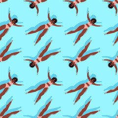 Happy woman floating lying on water surface seamless pattern. African American girl in bikini relaxing in sea, swimming on back, sunbathing, top view. Vector illustration