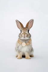 Fototapeta na wymiar cute rabbit and jewelry, diamonds, necklace. jewelry advertising