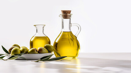 Olive fresh extra virgin oil in a glass bottle and green olives with leaves on white background.
