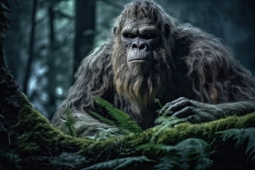 Elusive Bigfoot in the forest. Rugged features, piercing gaze, and untamed allure of this mythical being. Generative AI.