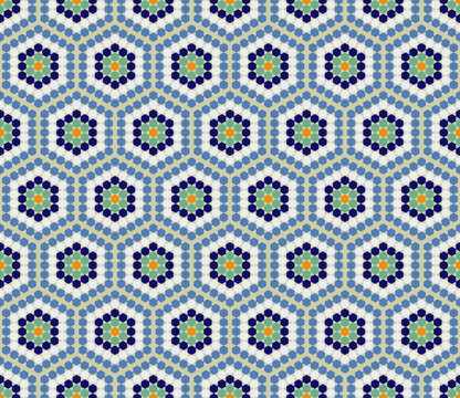 Seamless damask pattern with blue hexagon shape, repeat mosaic tile in moroccan style design.