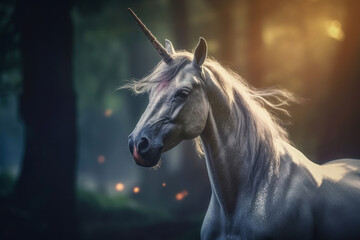 Mythical creature with a radiant horn and a mane. Generative AI.