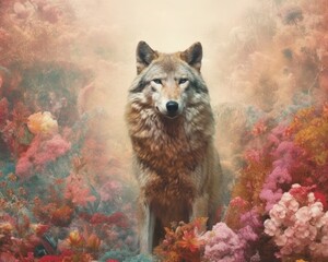 wolf standing amidst a forest filled with vibrant flowers and magical elements, emphasizing the enchantment and allure of the natural world