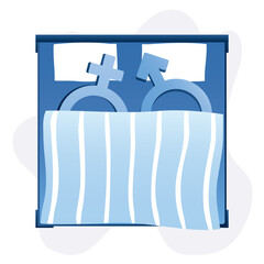 Male and female gender symbols lying in bed. Concept of relationship and love. Woman and man sleeping, top view. Sex symbols covered with blanket