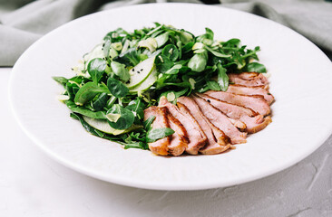 pieces of fillet of duck with salad