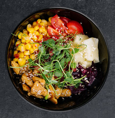 Salad with chicken and vevetables. healthy food, diet lunch concept.