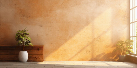 empty and room with plant pot and sun rays in window. interior simplicity design. generative ai