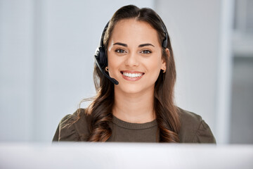 Telecom, portrait or happy woman in call center tech support consulting, speaking or talking on microphone. Communication, face or friendly consultant in telemarketing customer services help desk - obrazy, fototapety, plakaty