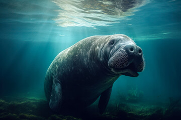 Steller's sea cow, a massive herbivorous marine mammal that once thrived in the Bering Seawith distinctive gray-brown skin, rounded body, and paddle-like flippers. Generative AI.