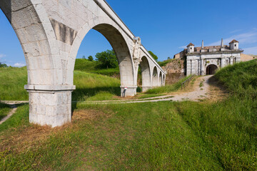 view of the Venetian aqueduct in the background Porta Udine in the city of Palmanova