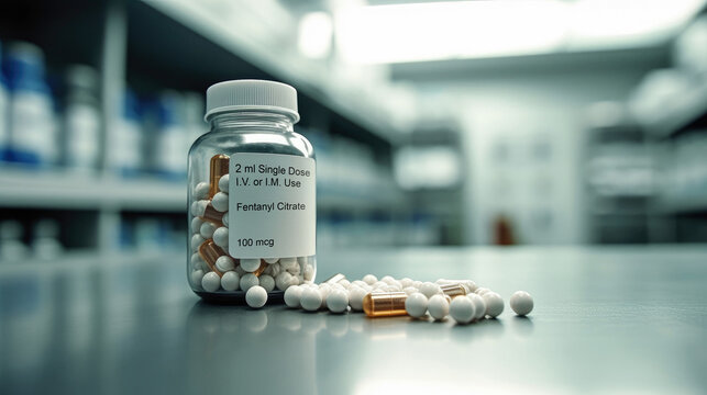 Fentanyl Drug In Prescription Medication Pills Bottle. Generative AI