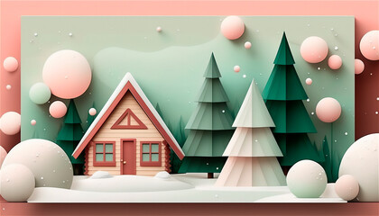 Paper Christmas decoration template with trees in pastel colors in 3D format with space for text. Christmas card. AI generated