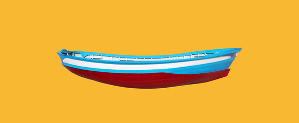 Wooden fishing boat isolated on yellow background