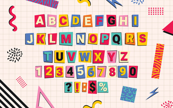 90's Cutting Paper Alphabet Font with Teenager Colorful Style and Punk Rock Style 