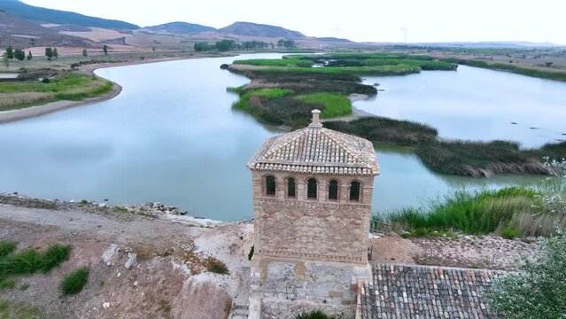 Aerial view from a drone of the spring landscape in the Estanca de Borja. Borgia. Saragossa. Aragon. Spain. Europe