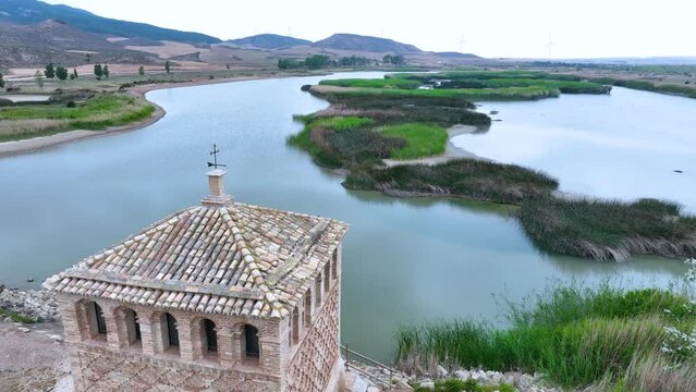 Aerial view from a drone of the spring landscape in the Estanca de Borja. Borgia. Saragossa. Aragon. Spain. Europe