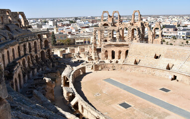 El Jem Roman Amphitheater High Angle View with Partial Shadows Frame Left