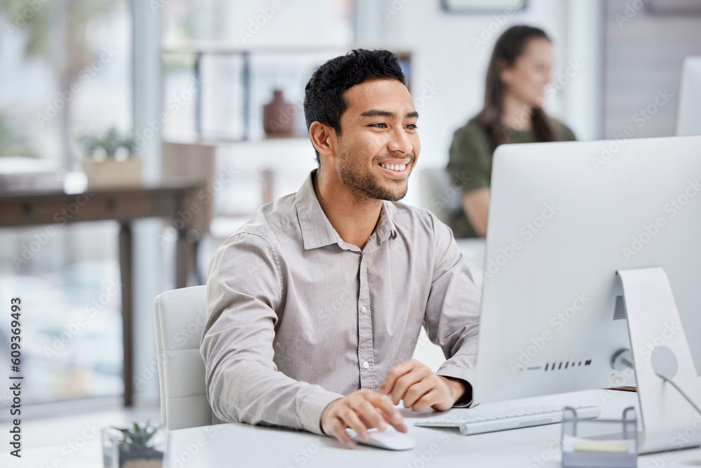 Poster business, smile and man with a computer, connection and administrator with digital planning, search 